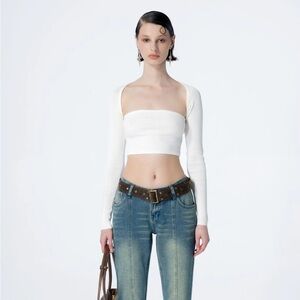 White Ribbed Long-Sleeve Cropped Bandeau Top